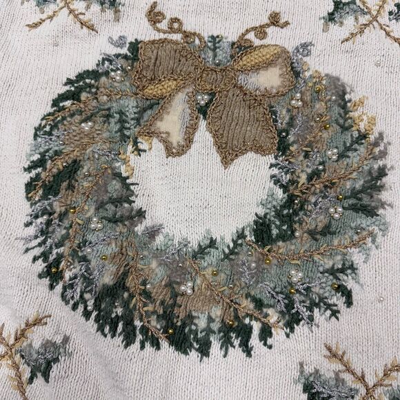 Vintage Christmas Wreath hand knit embellished intarsia mock neck sweater - Picture 4 of 6
